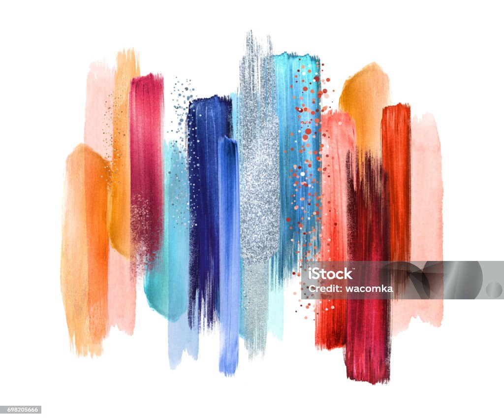 흰색 배경, 페인트 얼룩, 빨간색 파란색 팔레트 견본, 현대 벽 예술에 고립 된 추상 수채화 브러시 스트로크 - 로열티 프리 붓놀림 스톡 일러스트