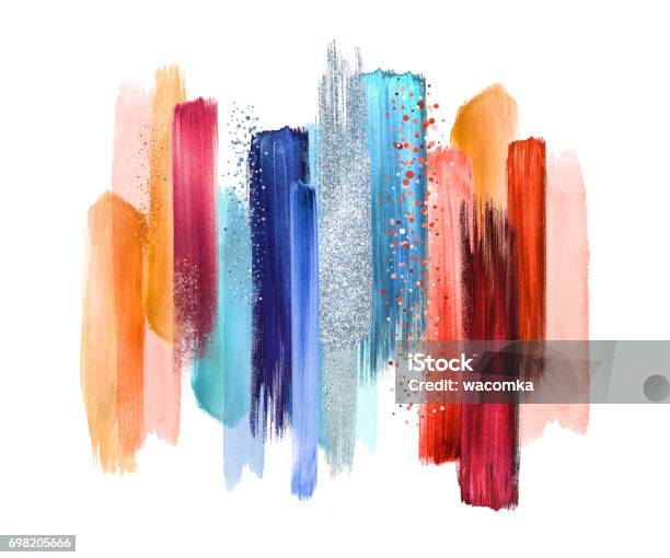 Abstract Watercolor Brush Strokes Isolated On White Background Paint Smears Red Blue Palette Swatches Modern Wall Art Stock Illustration - Download Image Now