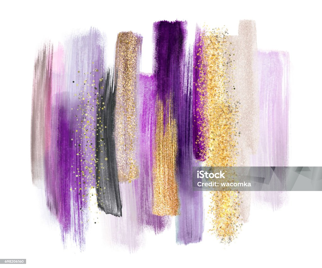 abstract watercolor brush strokes isolated on white background, paint smears, purple gold, palette swatches, modern wall art Purple stock illustration