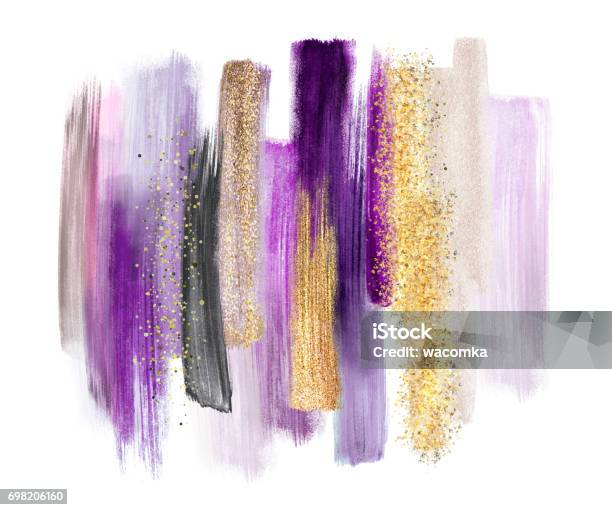 Abstract Watercolor Brush Strokes Isolated On White Background Paint Smears Purple Gold Palette Swatches Modern Wall Art Stock Illustration - Download Image Now