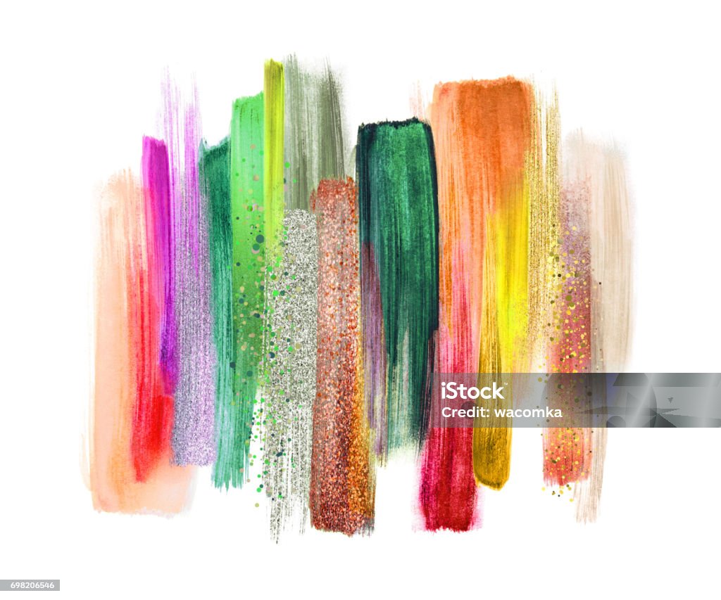 abstract watercolor brush strokes isolated on white background, paint smears, tropical colors palette swatches, modern wall art Rainbow stock illustration