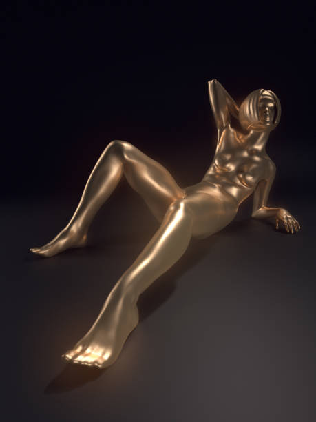 illustration of golden woman on dark background. 3d rendering - art women naked nudist imagens e fotografias de stock