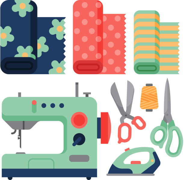 ilustrações de stock, clip art, desenhos animados e ícones de thread supplies accessories sewing equipment tailoring fashion pin craft needlework vector illustration - sewing tailor thread sewing kit