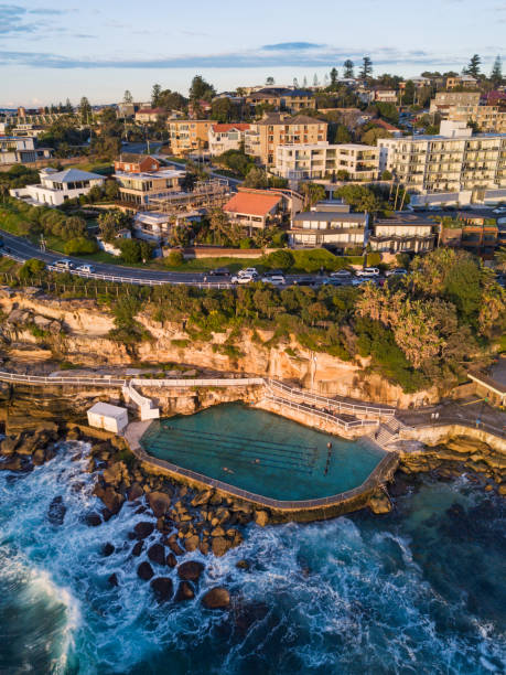 Bronte pool Aerial view of Bronte rock pool with Bronte residential at the back bondi beach sunrise stock pictures, royalty-free photos & images