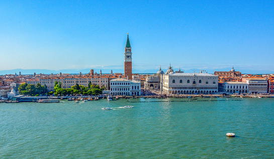 View of Venice panoramic landmarks: Piazza San Marco or St. Mark square, Campanile and Ducale or Doge Palace. Italy, Europe.