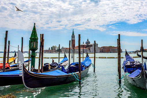 View of Venetian gondolas at sunrise in Venice, Italy