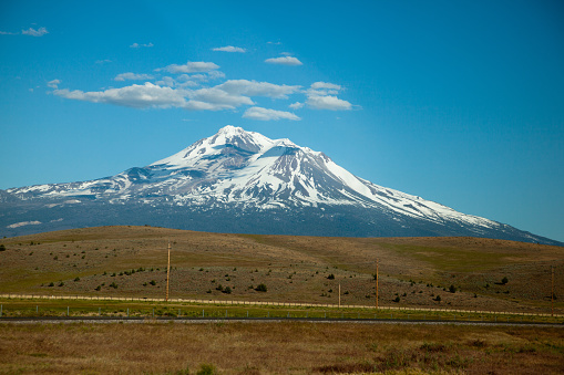 View at Mt Shasta while driving on I-5 in California