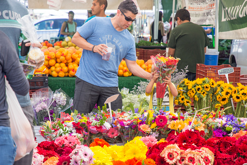 Fresh cut flowers at the Little Italy Farmers Market, held each Saturday in the Little Italy neighborhood of San Diego, California.