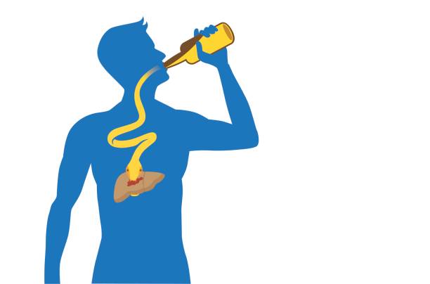 ilustrações de stock, clip art, desenhos animados e ícones de snake out of alcohol bottle into body to attack liver. - eating silhouette men people