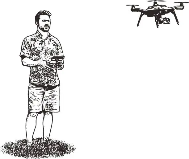 Vector illustration of Young man flying drone