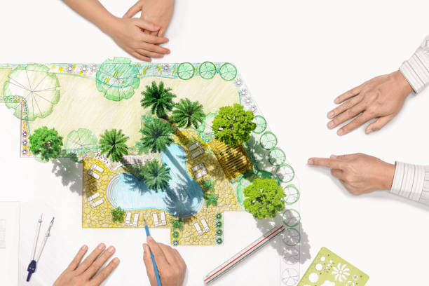 istock Landscape architect changing drawing at meeting with client 698411670