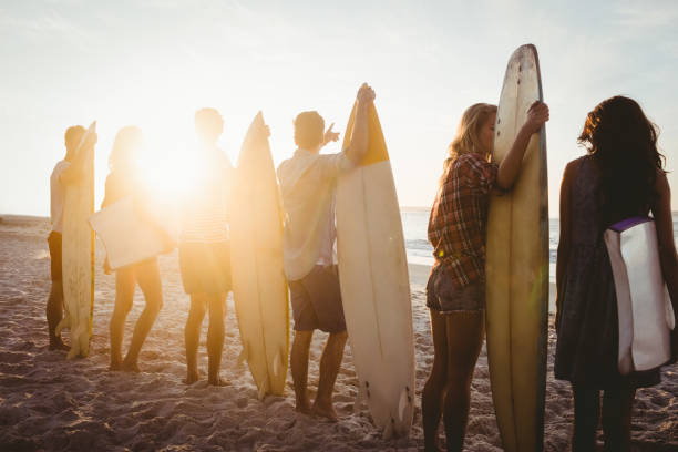 istock Happy friends standing in line with surfboards 698476094