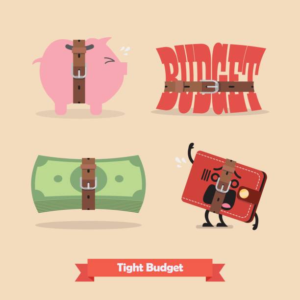 Tight budget and recession shrinking economy collection Tight budget and recession shrinking economy collection. Saving money concept buckle cartoon stock illustrations