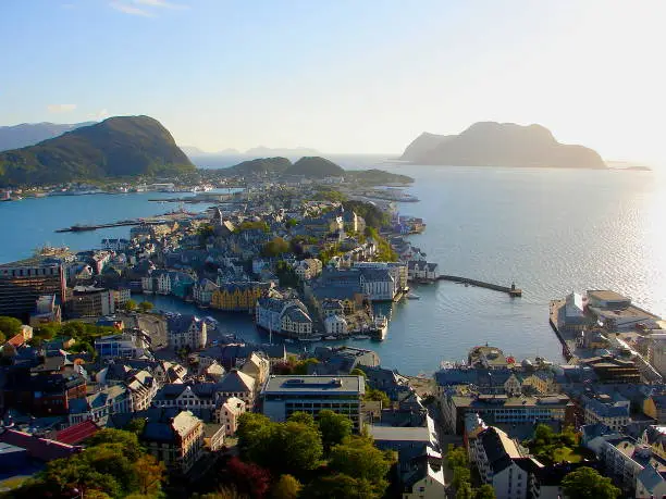 Norway: impressive Alesund Art Nouveau Cityscape bay at sunset from above, Norwegian dramatic landscape, Scandinavia – Nordic Countries