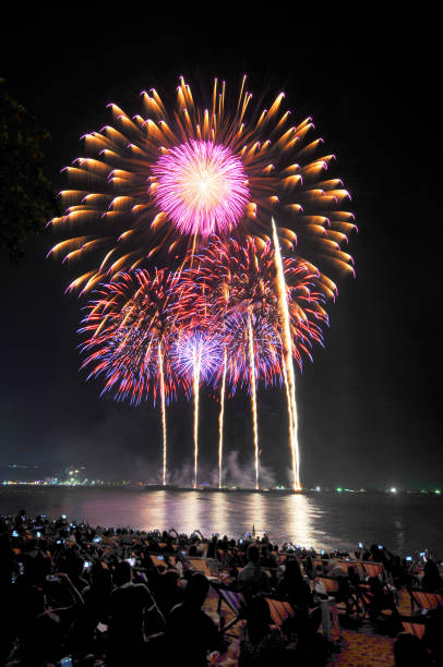 Multicolor fireworks night scene Multicolor fireworks night scene, closeup with pattaya cityscape sea beach view, thailand phuket beach party stock pictures, royalty-free photos & images