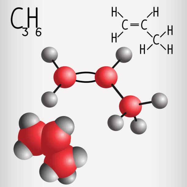 ilustrações de stock, clip art, desenhos animados e ícones de chemical formula and chemical formula and molecule model of  propylene c3h6 - propylene