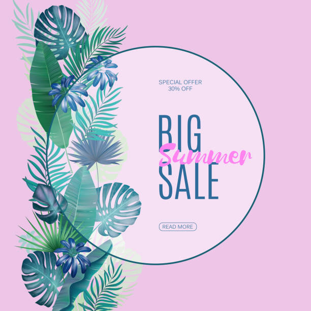 istock Sale banner, poster with palm leaves, jungle leaf. Vector floral tropical summer background 698500826