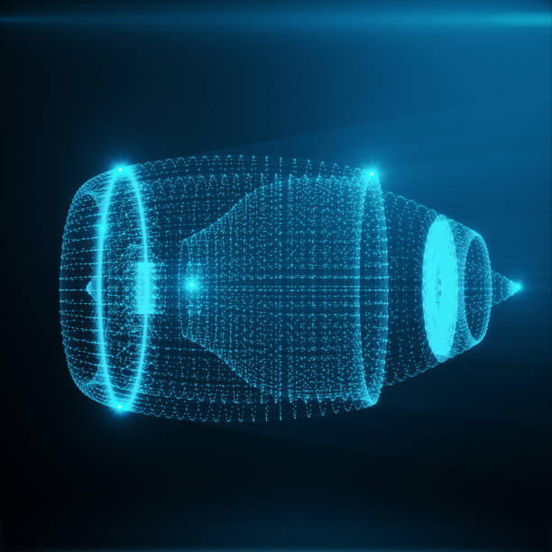 Abstract Jet Engine, Abstract Polygonal Consisting of Blue Dots and Lines. Jet Engine on Blue tint Background, 3D rendering
