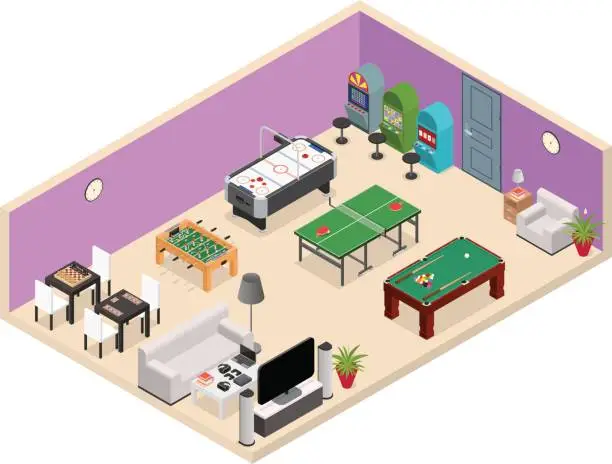 Vector illustration of Interior Game Room Isometric View. Vector