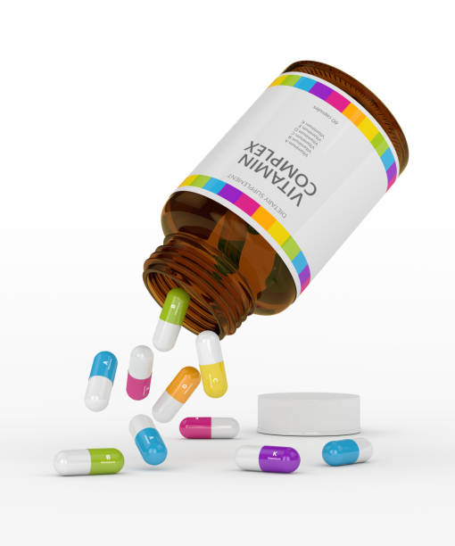 3d рендеринг витаминных таблеток с бутылкой - vitamin a vitamin b complex pill bottle medicine стоковые фото и изображения