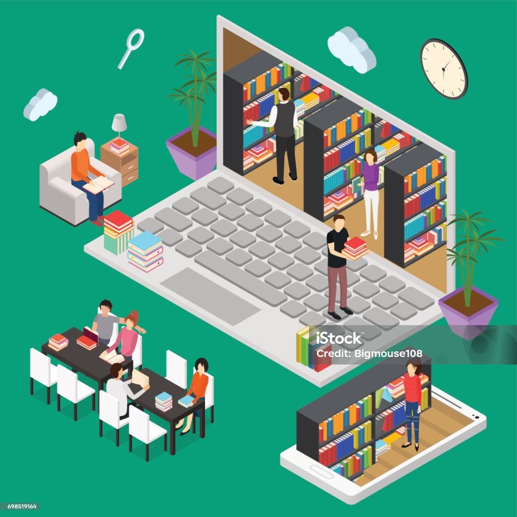 Online Reading Isometric View. Vector Online Reading Isometric View for Web and App Education Concept. Vector illustration Library stock vector