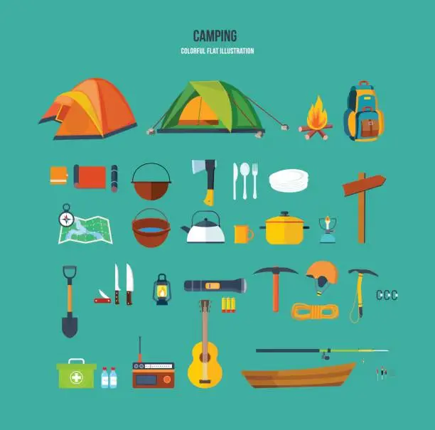 Vector illustration of Set of tourist, camping sites, backpackers, climbers, for active recreation