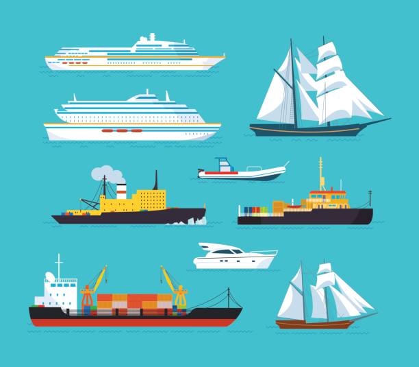 illustrazioni stock, clip art, cartoni animati e icone di tendenza di set di navi in stile piatto moderno: navi, barche, traghetti - ferry container ship cruise sailing ship