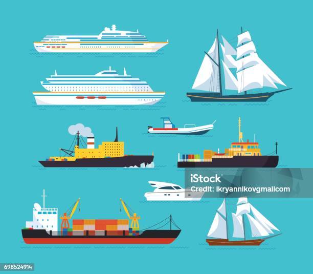 Set Of Ships In Modern Flat Style Ships Boats Ferries Stock Illustration - Download Image Now