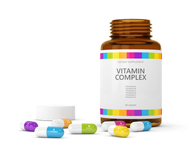 rendering 3d di pillole vitaminiche con bottiglia - vitamin d vitamin b1 vitamin pill nutritional supplement foto e immagini stock