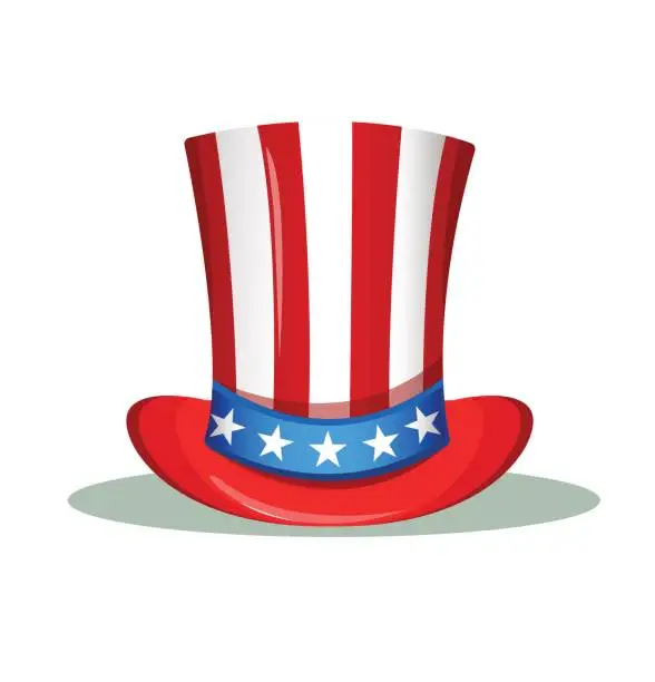 Vector illustration of Uncle Sam hat for the 4th of July. USA Independence day greeting card. Patriotic vector illustration.