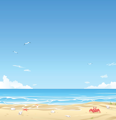 Vector illustration of a beautiful white sand beach with cloudy blue sky in the background. Illustration with space for text.