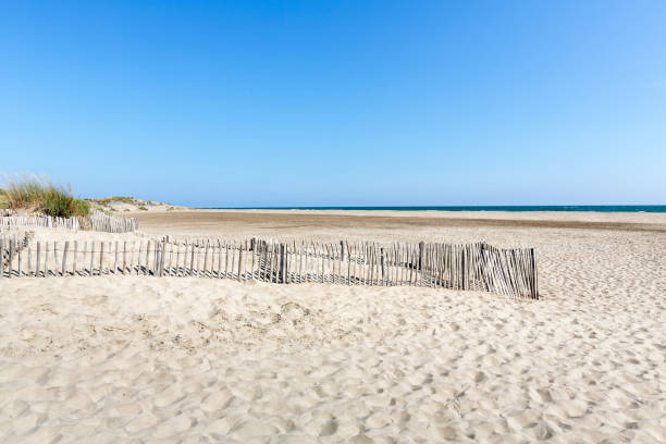 paisagem de dunas na praia de l'espiguette, distrito de camargue, sul da frança - camargue saintes maries de la mer bodies of water landscapes - fotografias e filmes do acervo