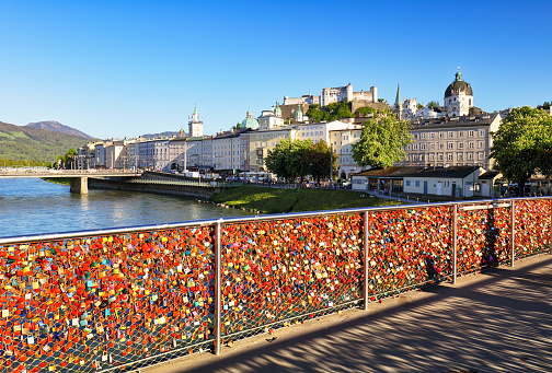 Lovers padlocks on a bridge handrail in Salzburg, Austria