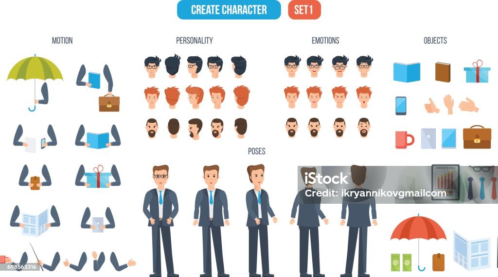 Set for creating character businessman, consisting of various details Businessman character creation. Set of different objects with which you can create a character businessman, clothing, faces. Front, side, back view of male person, with different emotions on the face. Men stock vector