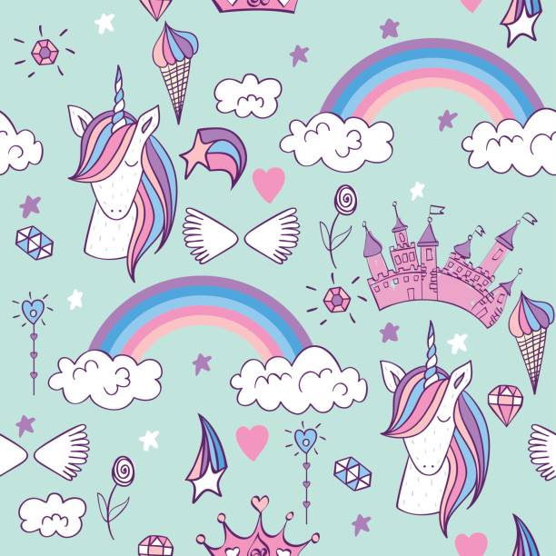 Magic cute unicorn Magic cute unicorn with castle. Vector seamless pattern Unicorn stock illustrations