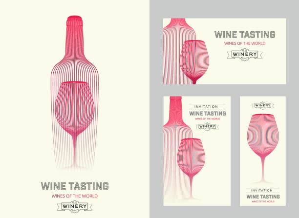 stockillustraties, clipart, cartoons en iconen met ontwerpsjabloon met moderne illustratie van glas wijn en fles - drinking wine