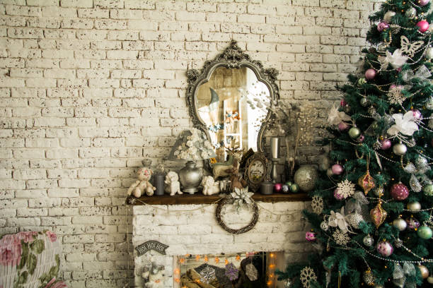istock Background brick wall with a mirror Christmas spruce 698584402