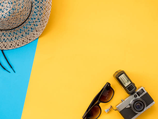 istock Summer Flat Lay Photo with blue and yellow background. 698594872