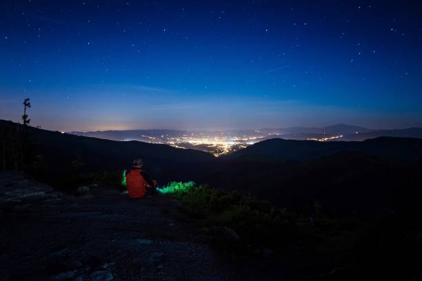 istock Alone man tourist hiker looking on city lights 698610374