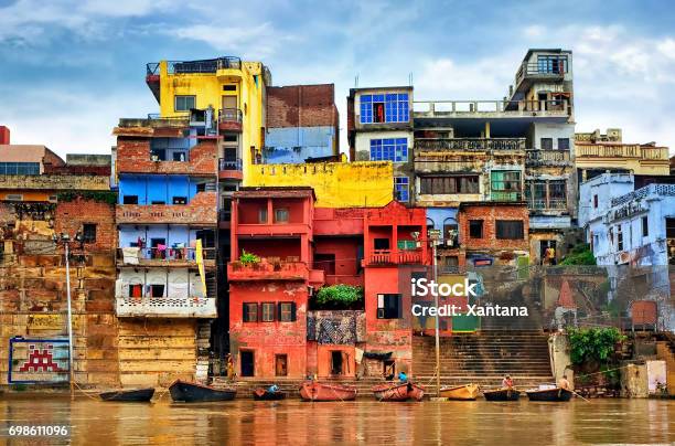 Colorful Houses On River Ganges Varanasi India Stock Photo - Download Image Now - India, Street, Culture of India