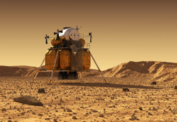 istock Descent Module Of Interplanetary Space Station On Surface Of Planet Mars 698623358