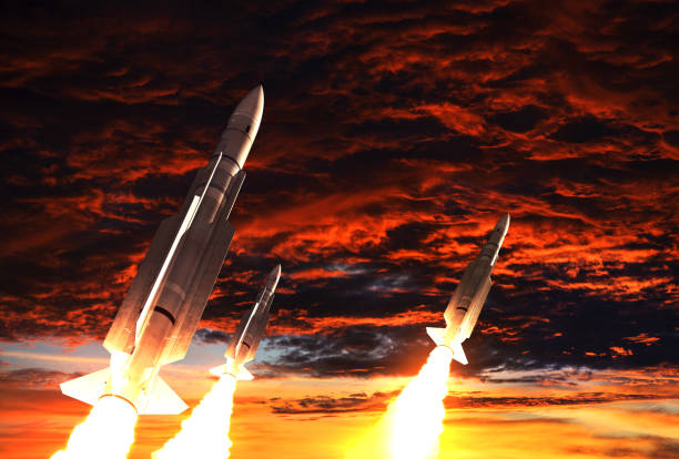 Three Rockets Takes Off On The Background Of Apocalyptic Sky Three Rockets Takes Off On The Background Of Apocalyptic Sky. 3D Illustration. nuclear weapon stock pictures, royalty-free photos & images