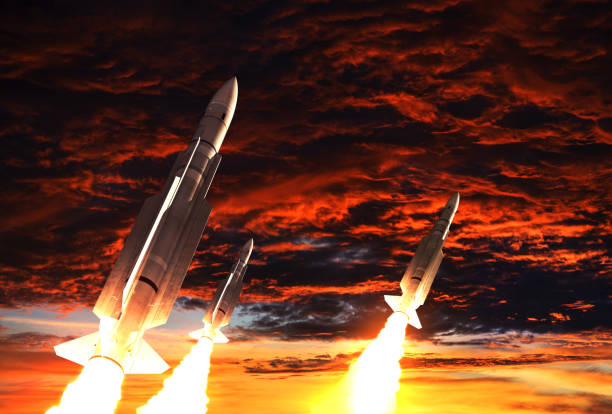 three rockets takes off on the background of apocalyptic sky - nuclear war imagens e fotografias de stock