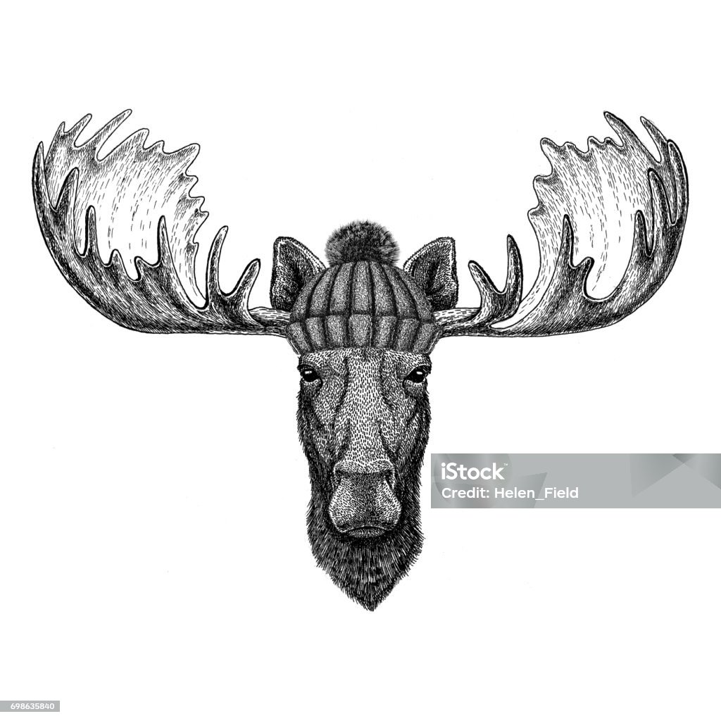 Moose, elk wearing winter knitted hat Wild animal wearing winter knitted hat Image for tattoo, badge, t-shirt Moose stock illustration