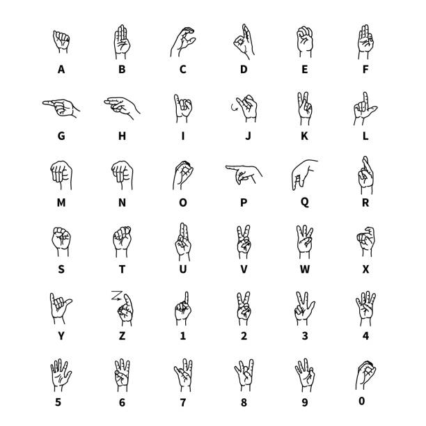 Hand language signs, latin alphabet outline black icons on white Hand language signs, latin alphabet outline black icons isolated on white sign language stock illustrations