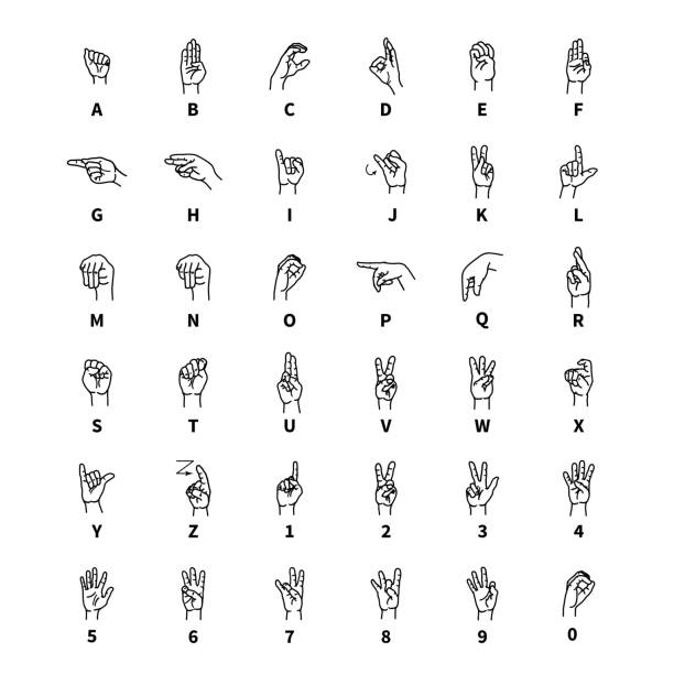 Hand language signs, latin alphabet outline black icons on white Hand language signs, latin alphabet outline black icons isolated on white sign language icon stock illustrations