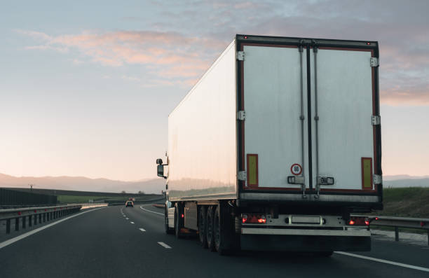 istock Truck driving on highway surrounded by green fields during sunset 698643638