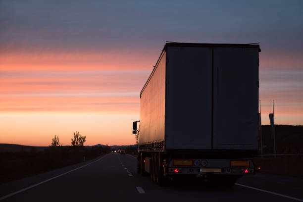 istock Truck driving on highway against dramatic sky in the dusk 698646328