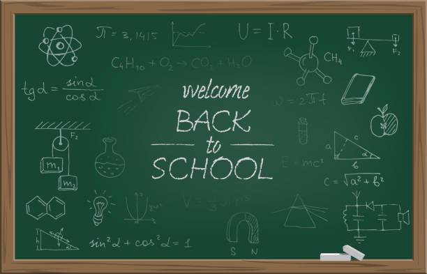 Green school blackboard with chalk WELCOME BACK TO SCHOOL text and different school symbols. Vector illustration. Green school blackboard with chalk WELCOME BACK TO SCHOOL text and different school symbols. Vector illustration. board eraser stock illustrations