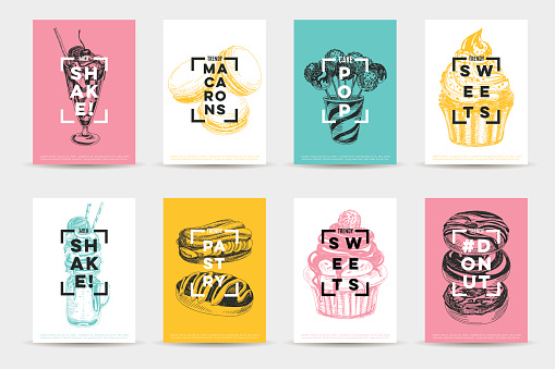 Vector hand drawn set of trendy sweets Illustrations.